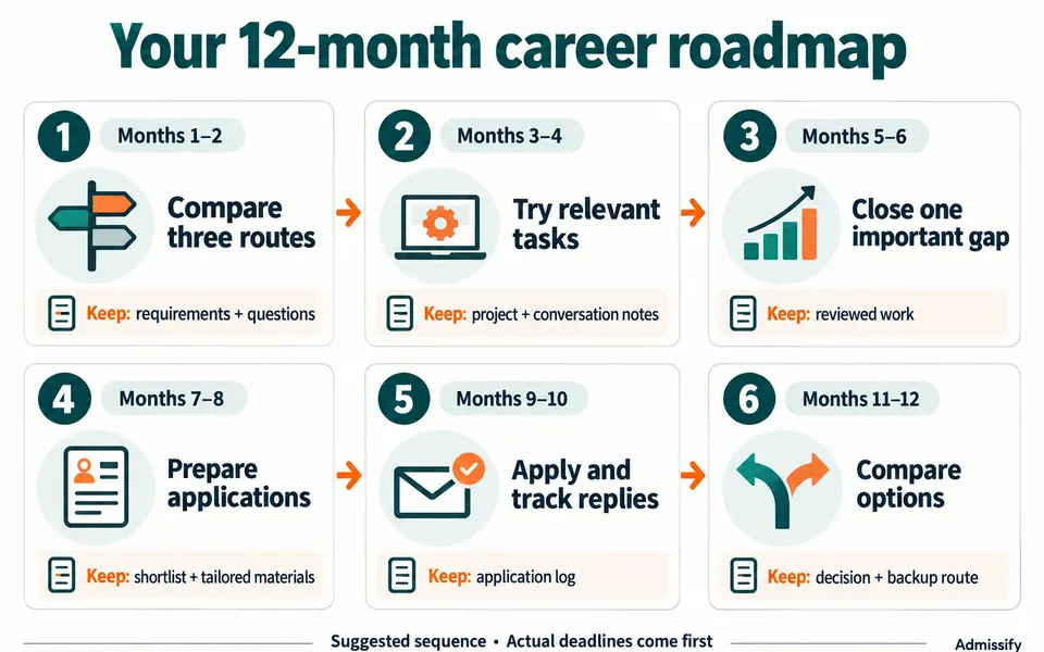 Six-stage career roadmap: compare routes in months 1–2, test tasks in 3–4, close one gap in 5–6, prepare applications in 7–8, apply in 9–10, and compare options in 11–12. Actual deadlines take priority.