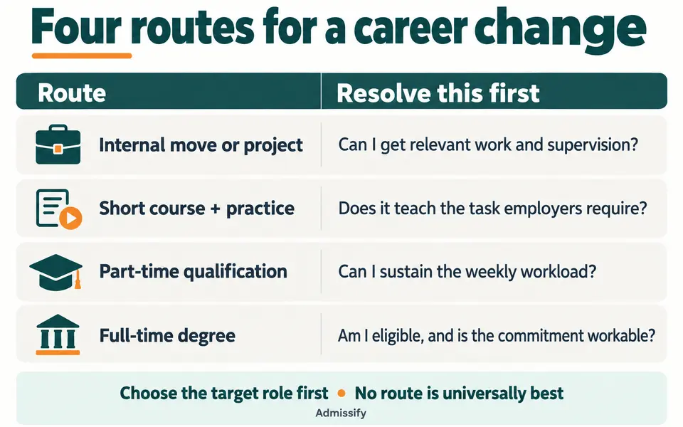 Four retraining routes and the question to resolve for each: internal project and supervision, short course and task relevance, part-time qualification and workload, full-time degree and eligibility.