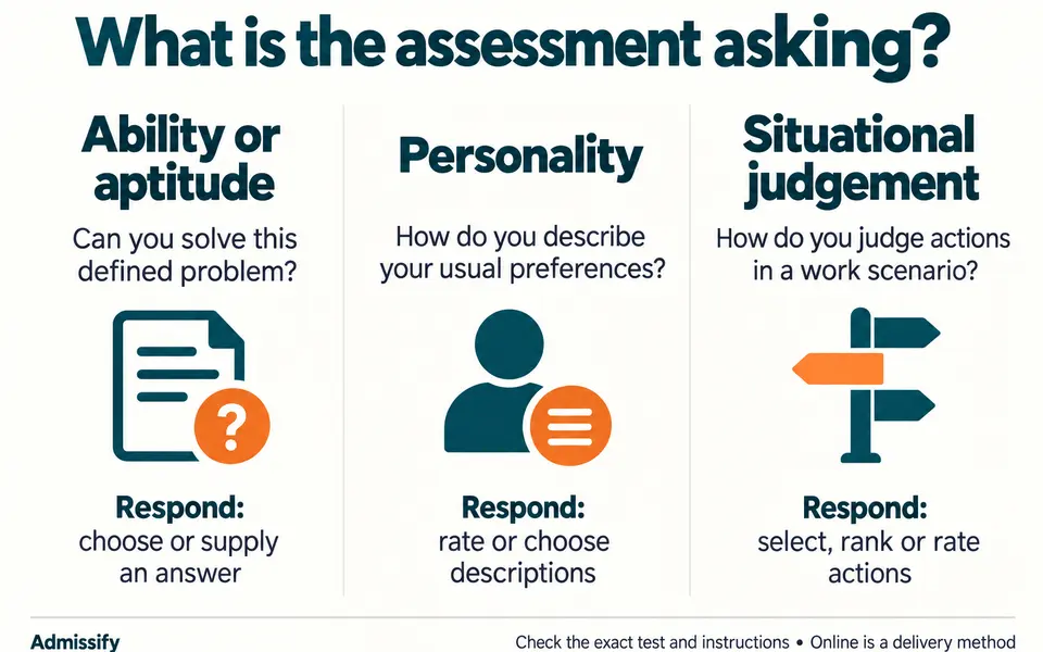 Assessment comparison: ability or aptitude asks you to solve a defined problem; personality questionnaires ask about usual preferences; situational judgement asks you to evaluate possible actions at work.