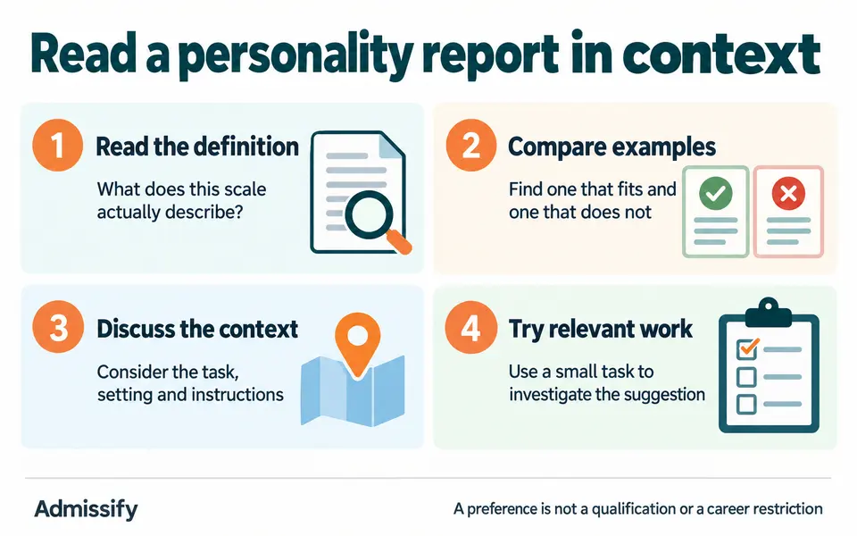 Four steps for interpreting a personality report: read the exact definition, compare examples that fit and do not fit, discuss context with the adviser, and try a relevant task before making a decision.