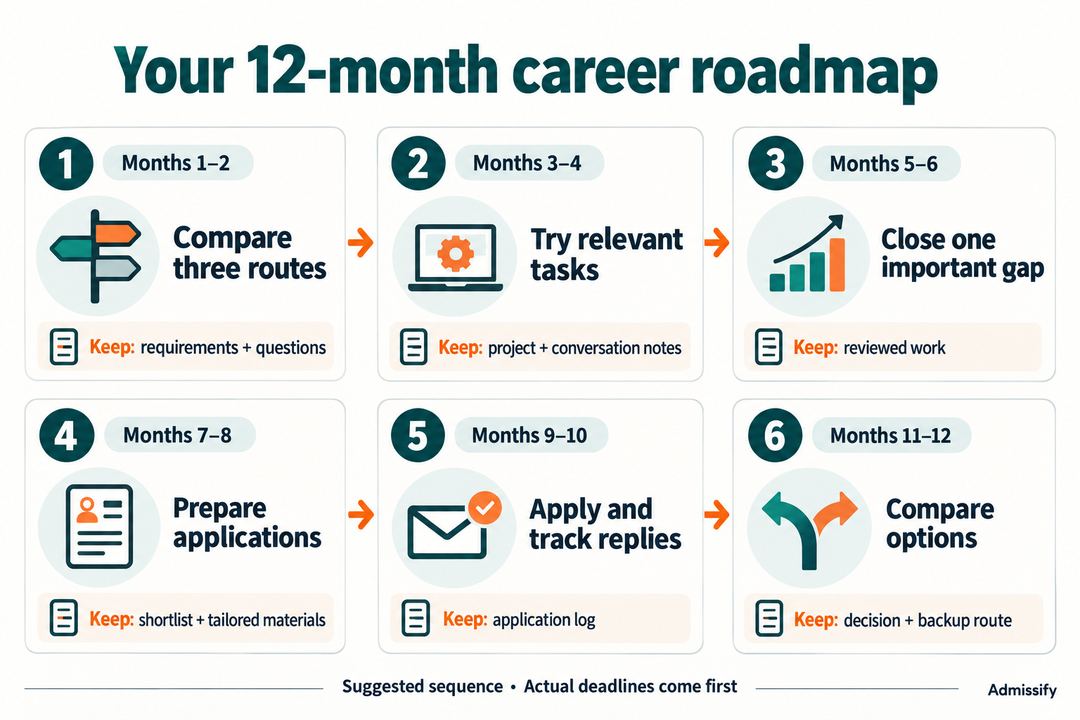 Six-stage career roadmap: compare routes in months 1–2, test tasks in 3–4, close one gap in 5–6, prepare applications in 7–8, apply in 9–10, and compare options in 11–12. Actual deadlines take priority.