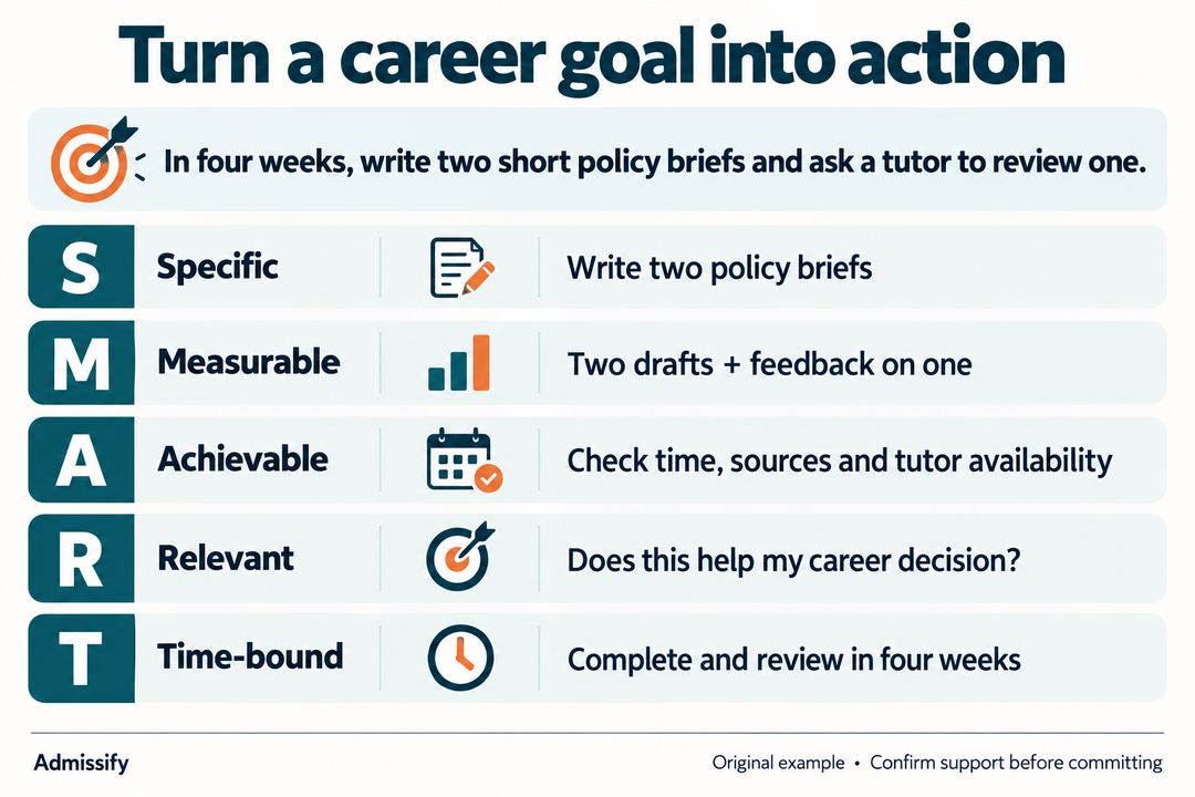 SMART goal worksheet using a student example: write two short policy briefs in four weeks, seek tutor feedback, check available resources and connect the work to a career decision.