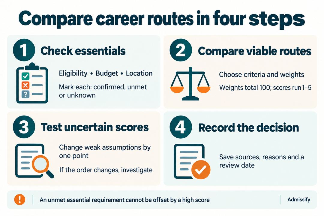 Career comparison workflow: check essential requirements, compare feasible routes with weighted criteria, investigate uncertain scores, and record the evidence for the decision.