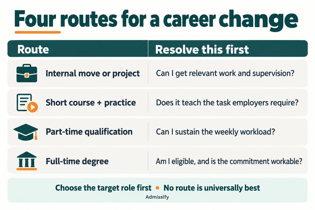 Four retraining routes and the question to resolve for each: internal project and supervision, short course and task relevance, part-time qualification and workload, full-time degree and eligibility.