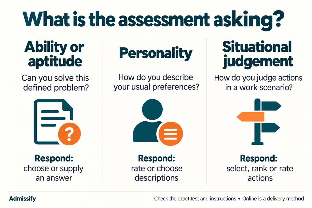 Assessment comparison: ability or aptitude asks you to solve a defined problem; personality questionnaires ask about usual preferences; situational judgement asks you to evaluate possible actions at work.