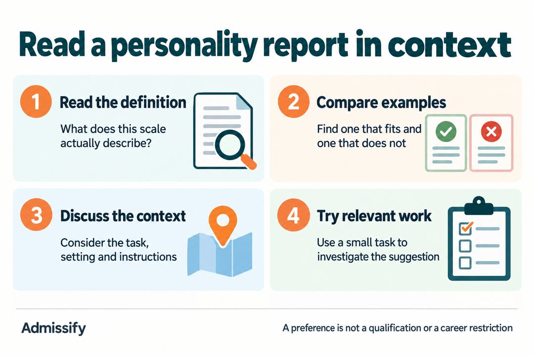 Four steps for interpreting a personality report: read the exact definition, compare examples that fit and do not fit, discuss context with the adviser, and try a relevant task before making a decision.