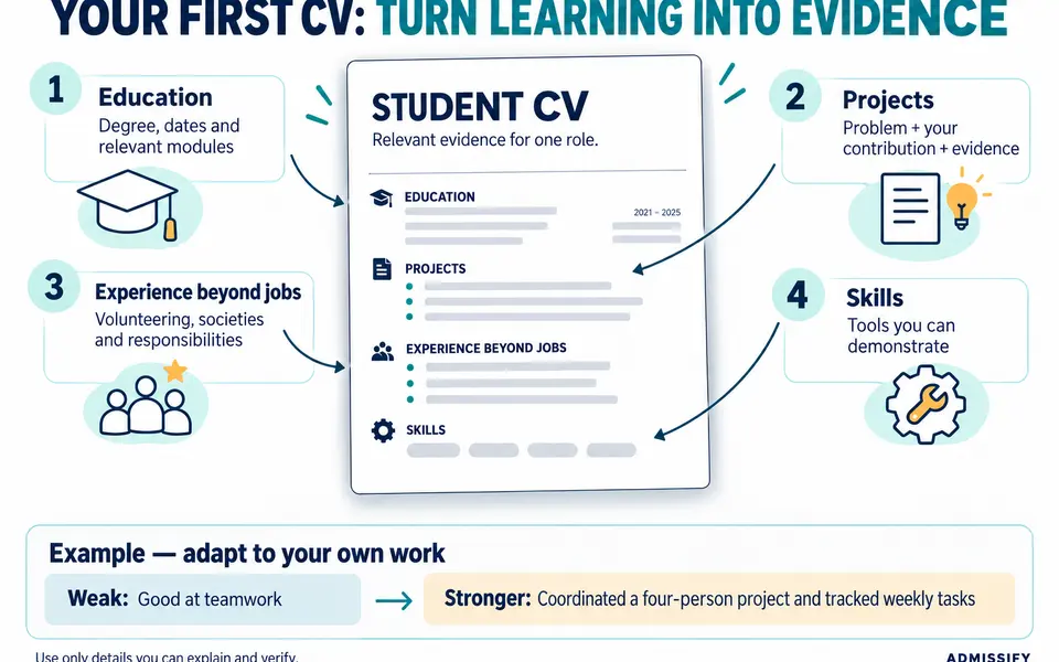 Four sources of evidence for a first CV: education, projects, responsibilities and demonstrated skills.
