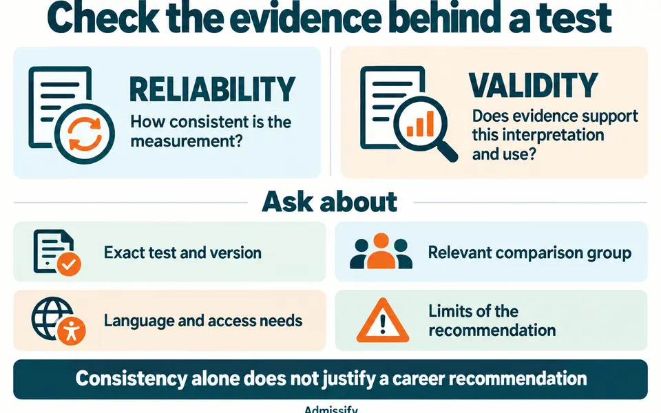 Reliability asks whether a test measures consistently; validity asks whether evidence supports the proposed use. Check the exact test, comparison group, language and access, and interpretation limits.