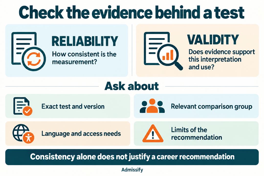 Reliability asks whether a test measures consistently; validity asks whether evidence supports the proposed use. Check the exact test, comparison group, language and access, and interpretation limits.