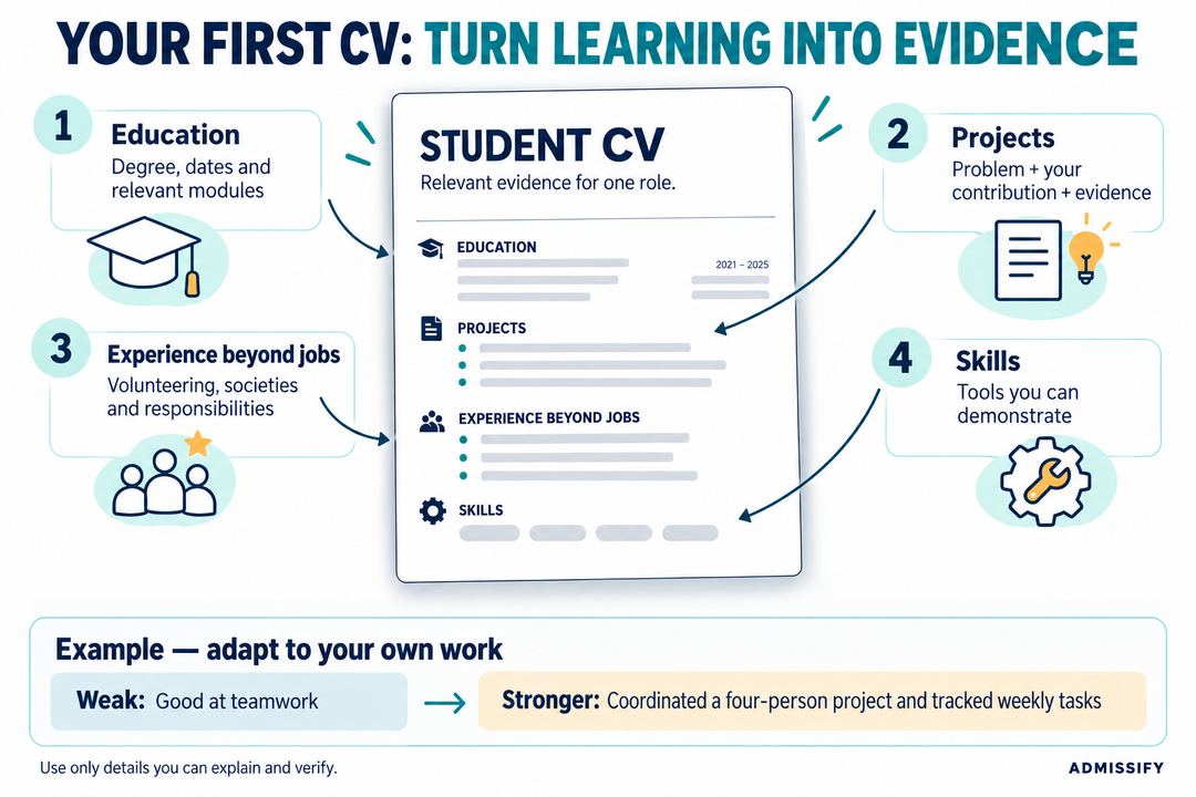 Four sources of evidence for a first CV: education, projects, responsibilities and demonstrated skills.