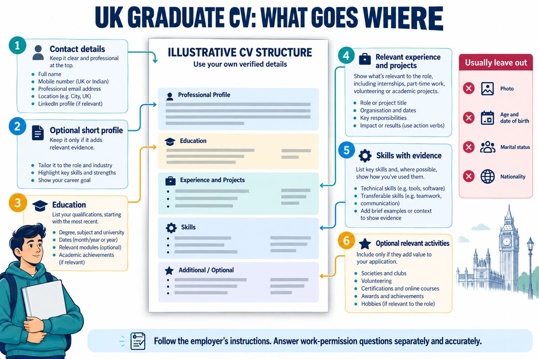 An annotated UK graduate CV with contact details, profile, education, experience and skills, plus personal information usually left out.