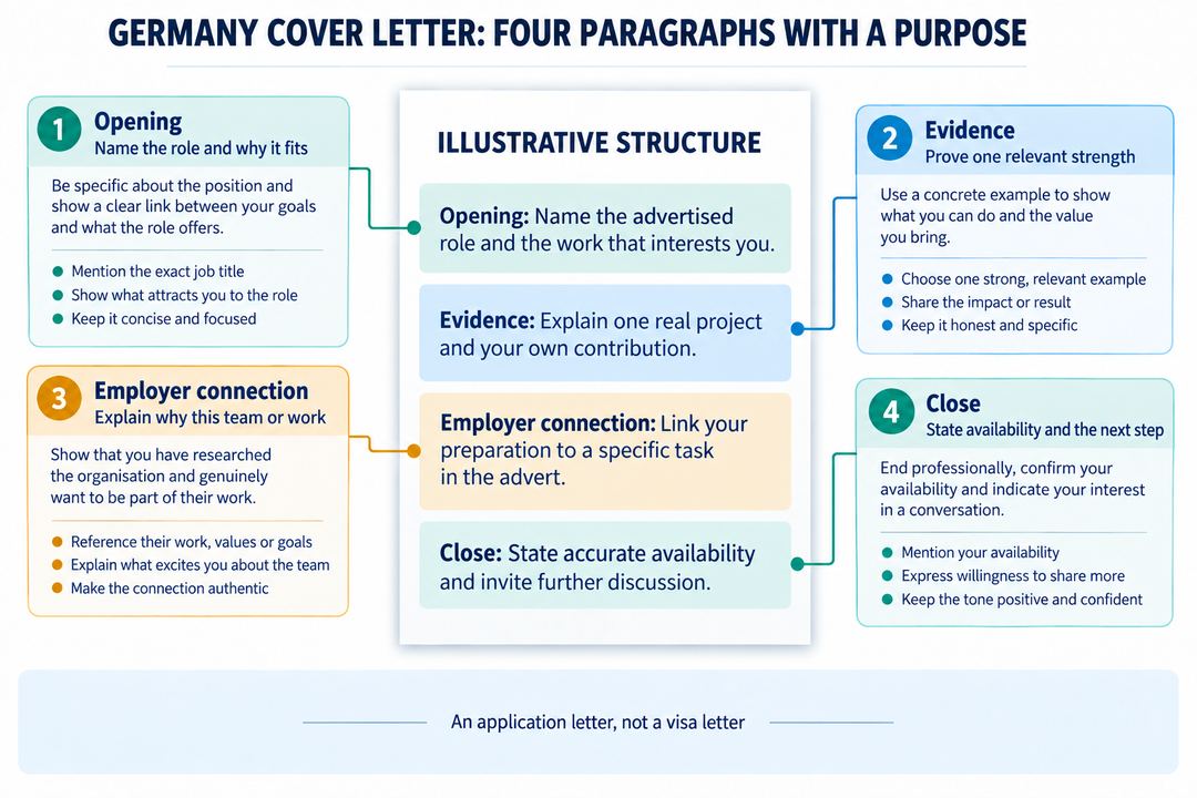 The four jobs of a cover letter paragraph: opening, evidence, employer connection and a clear close.