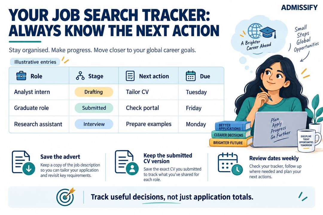 An illustrative job-search tracker showing roles, stages, next actions and due dates, with reminders to save adverts and submitted CV versions.