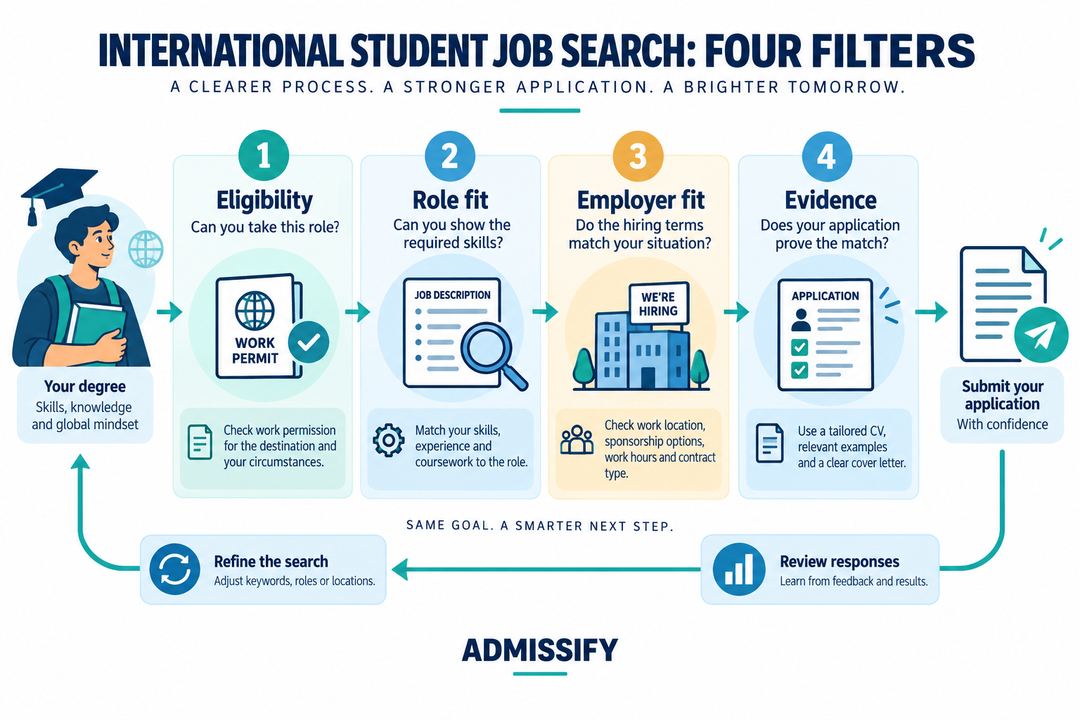 Four job-search filters: eligibility, role fit, employer fit and evidence, followed by a review-and-adjust loop.