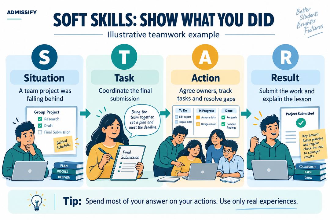 The STAR answer structure with a student project example: situation, task, action and result or learning.