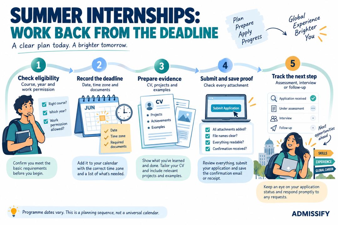 A five-step summer internship timeline: check eligibility, record the deadline, prepare evidence, submit and track the response.