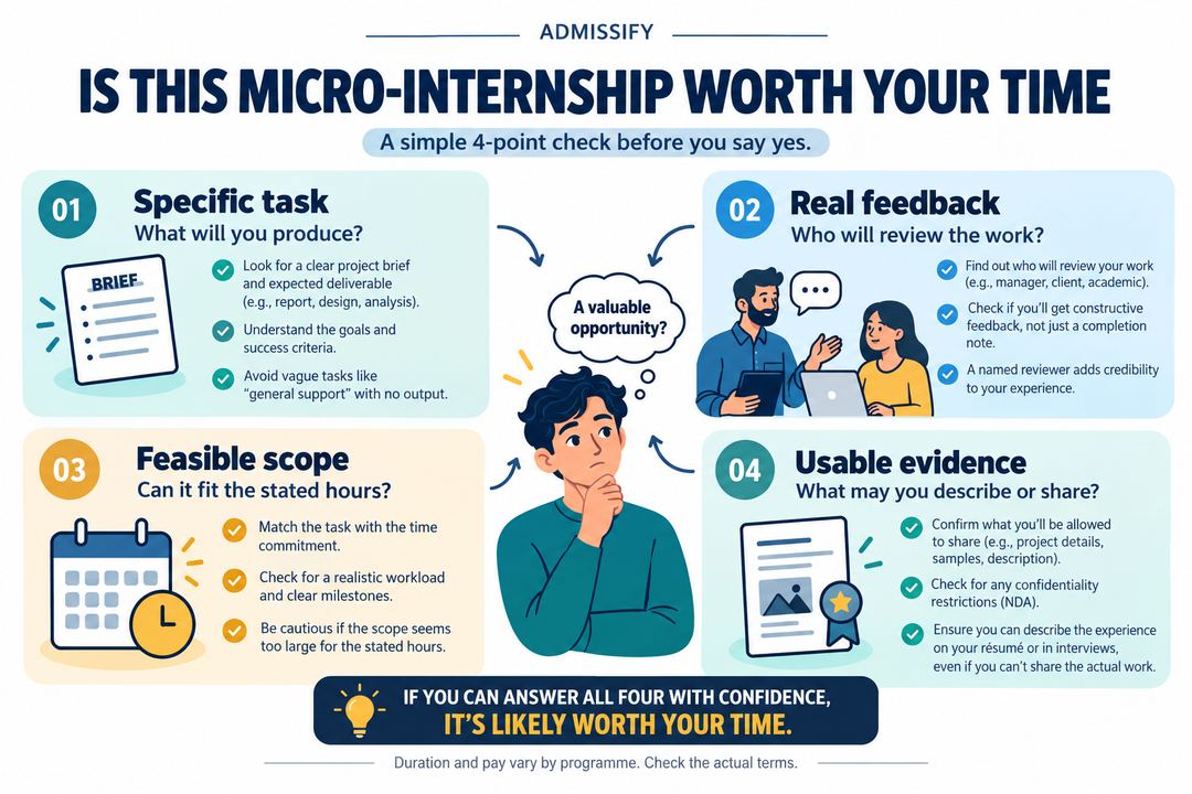 A micro-internship checklist connecting a defined task, realistic scope, feedback and evidence you can explain afterwards.