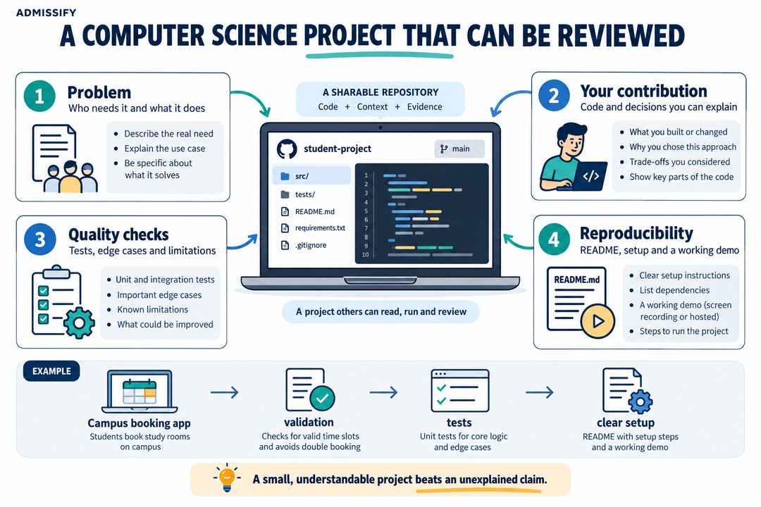 A computer science project review map covering the problem, individual contribution, quality checks and reproducible setup.