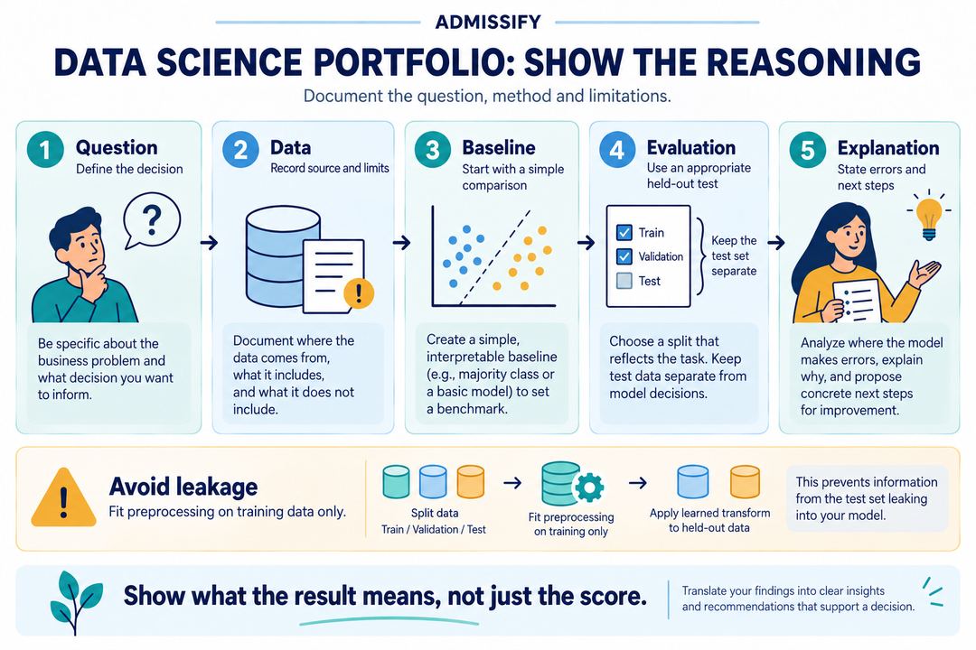 Five stages of a data science portfolio: question, data, baseline, evaluation and explanation, with a reminder to prevent data leakage.
