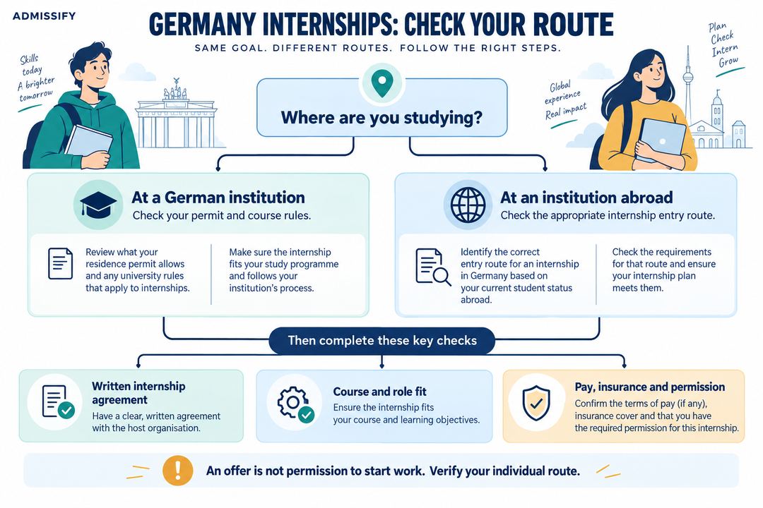 A Germany internship planning decision tree separating study location, course fit, written terms and permission checks.