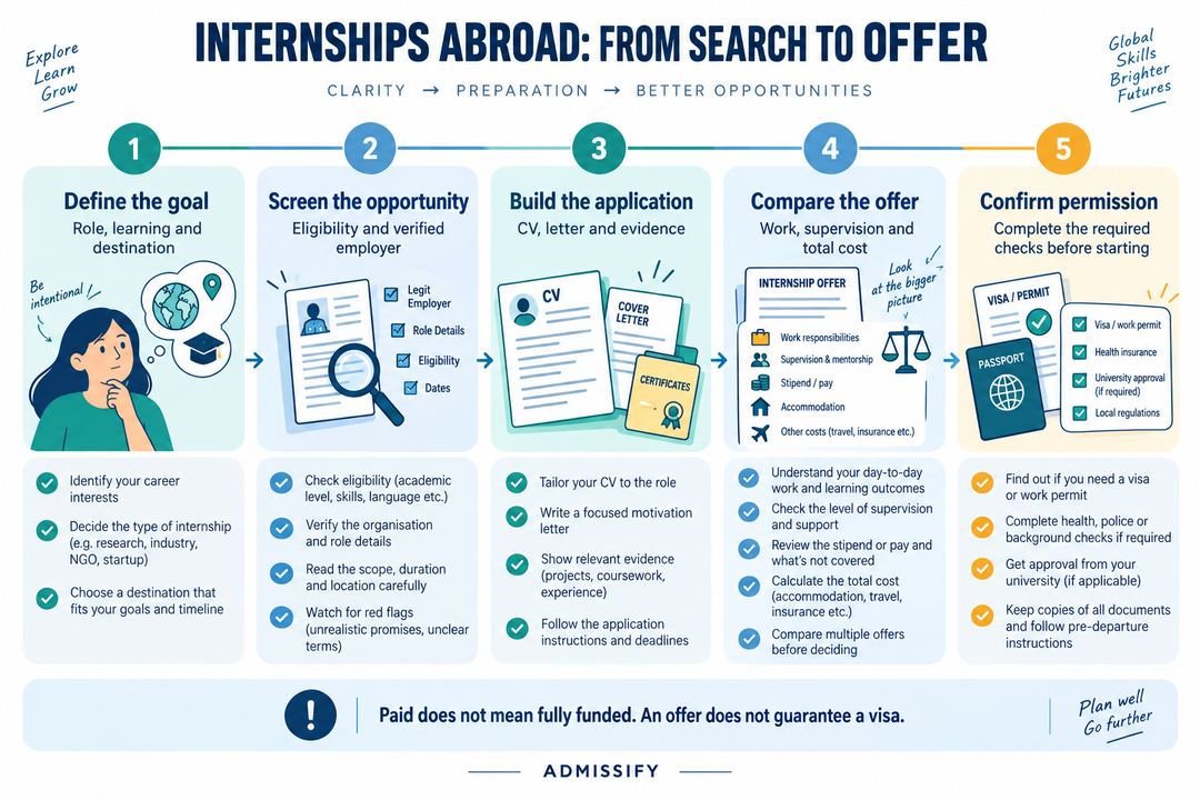 A roadmap from internship search to offer, covering eligibility, applications, supervision, costs and permission.