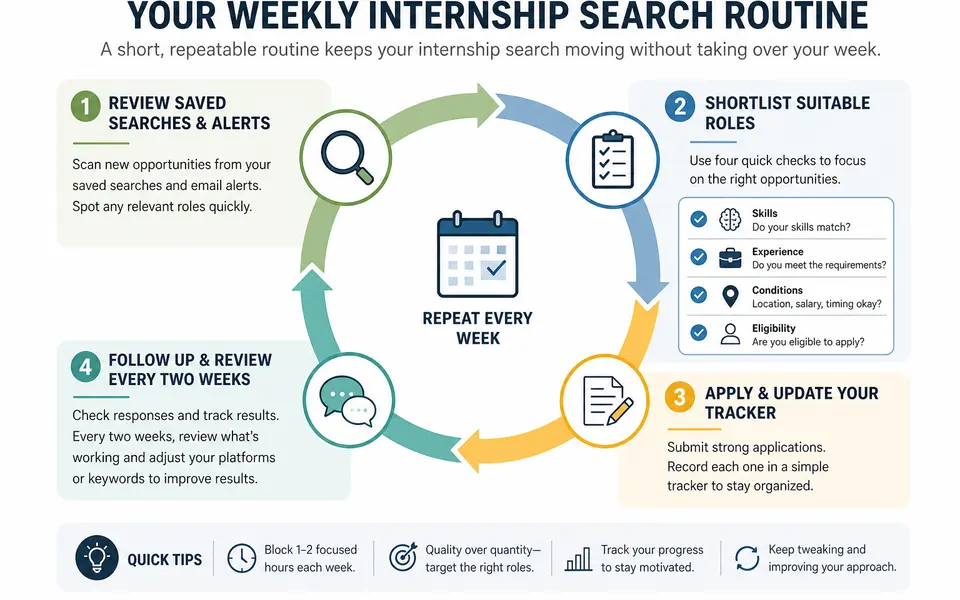Four-step weekly internship search routine shown as a simple circular flow diagram.