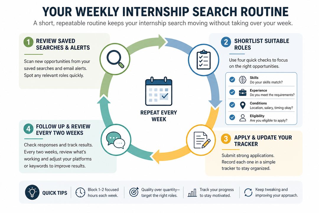 Four-step weekly internship search routine shown as a simple circular flow diagram.