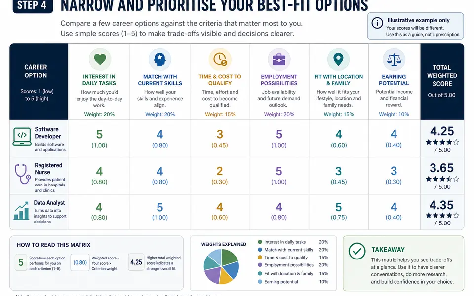 Simple decision matrix comparing three career options across key criteria with 1–5 scores.