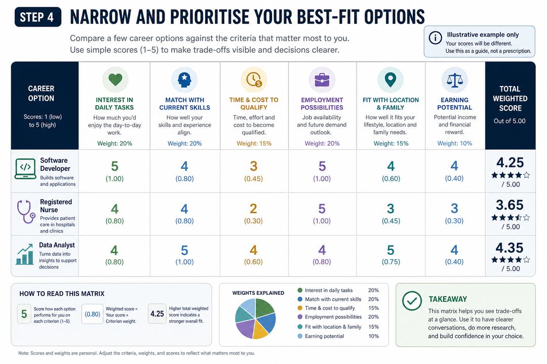 Simple decision matrix comparing three career options across key criteria with 1–5 scores.