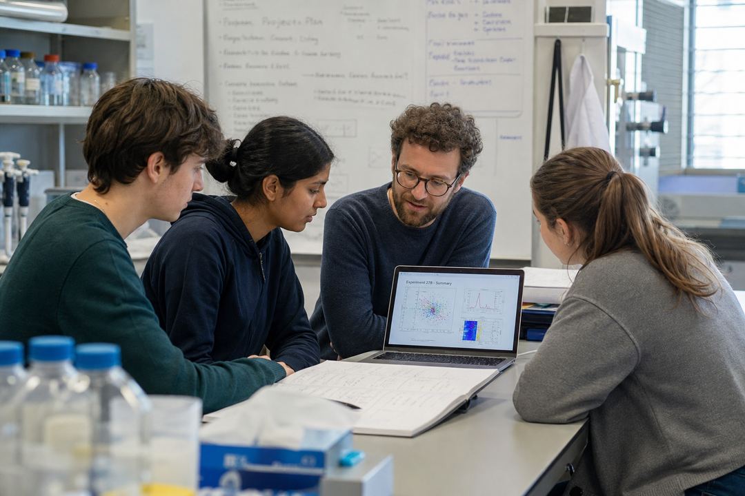 A small group of diverse undergraduate students, including an Indian student, discussing results with a supervisor around a lab bench or shared workspace.