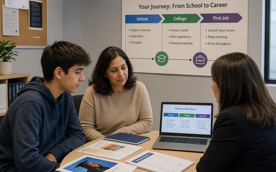 A student, parent, and career counsellor sitting together at a table, looking at education and career options across school, college, and early work stages.