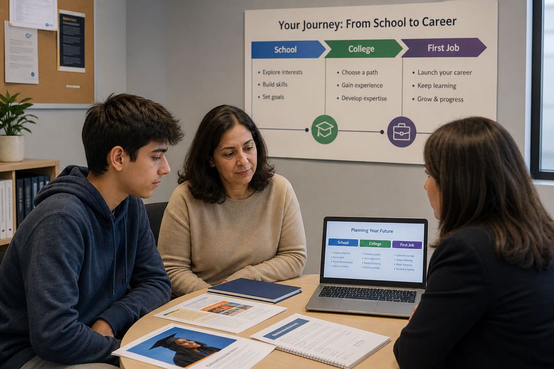 A student, parent, and career counsellor sitting together at a table, looking at education and career options across school, college, and early work stages.