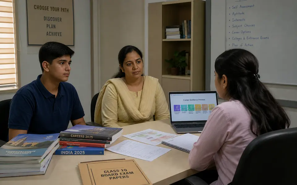 Indian secondary school student and parent sitting with a counsellor at a desk covered with books and forms, discussing subject and career options.