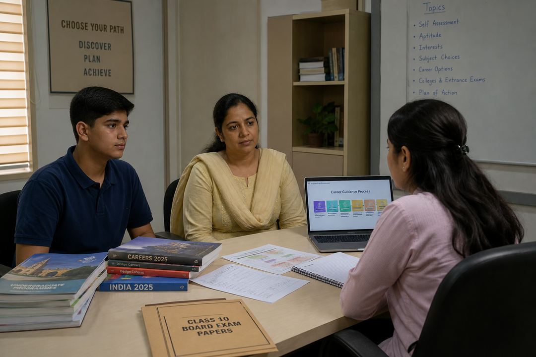 Indian secondary school student and parent sitting with a counsellor at a desk covered with books and forms, discussing subject and career options.