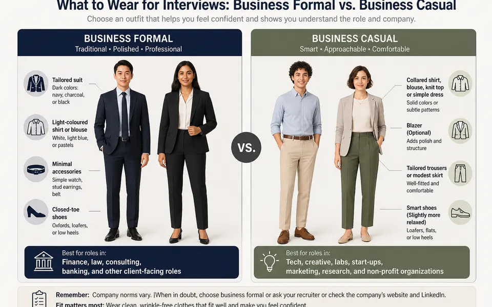 Comparison of business formal and business casual interview outfits for students.