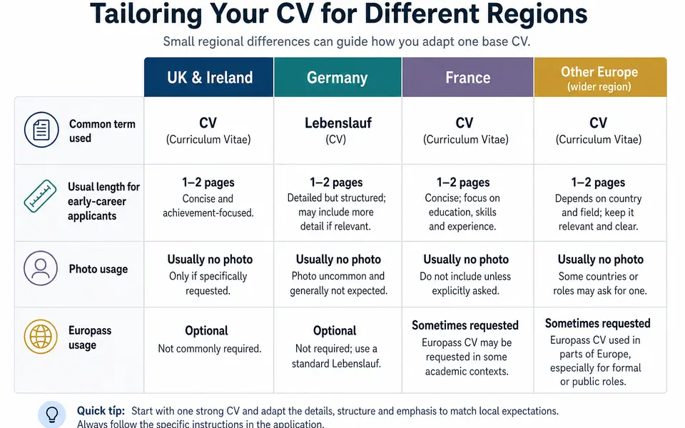 Comparison chart showing CV expectations in the UK and Ireland, Germany, France and wider Europe, including document term, page length, photo use and when Europass may be relevant.