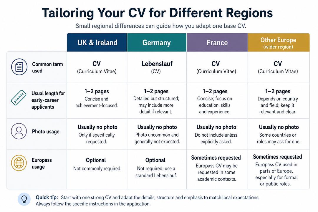 Comparison chart showing CV expectations in the UK and Ireland, Germany, France and wider Europe, including document term, page length, photo use and when Europass may be relevant.