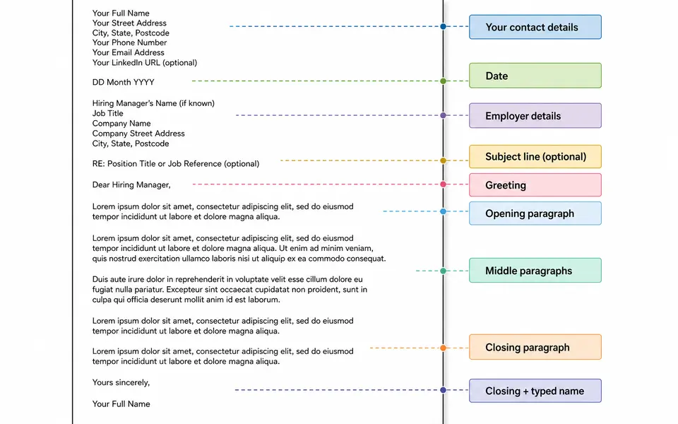 Annotated cover letter layout showing contact details, date, employer information, greeting, body paragraphs, closing, and signature arranged from top to bottom on a page.