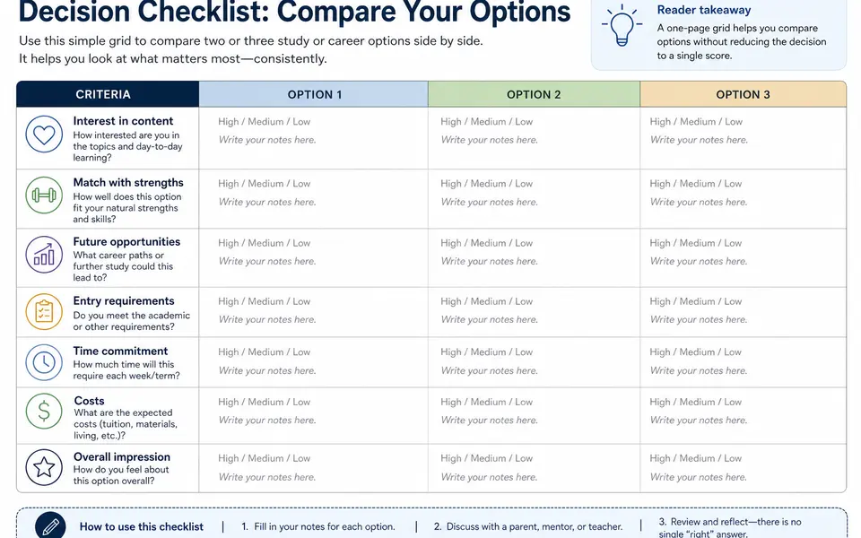 Sample three-column decision grid comparing different study or career options across criteria such as interests, strengths and costs.