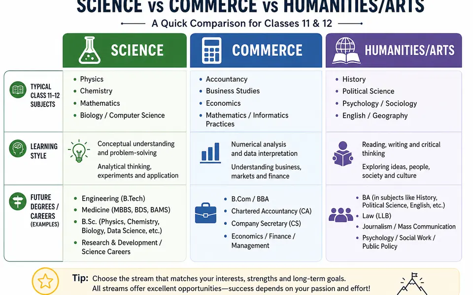 Comparison chart of Science, Commerce and Humanities streams showing example subjects, learning style and sample future courses.