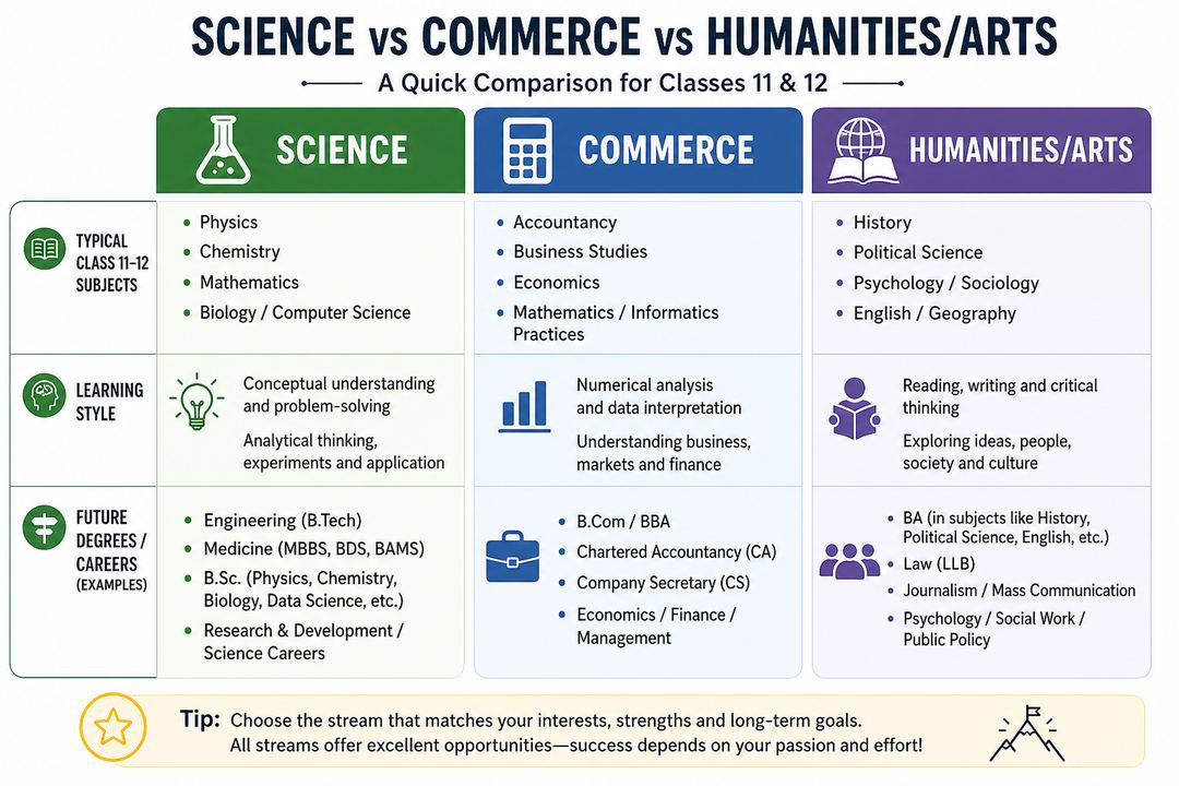 Comparison chart of Science, Commerce and Humanities streams showing example subjects, learning style and sample future courses.