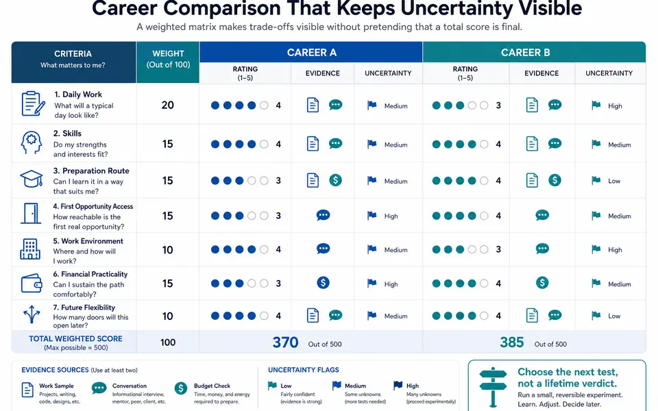 A two-career decision matrix showing weighted criteria, evidence sources, ratings, uncertainty markers, and a provisional next step.