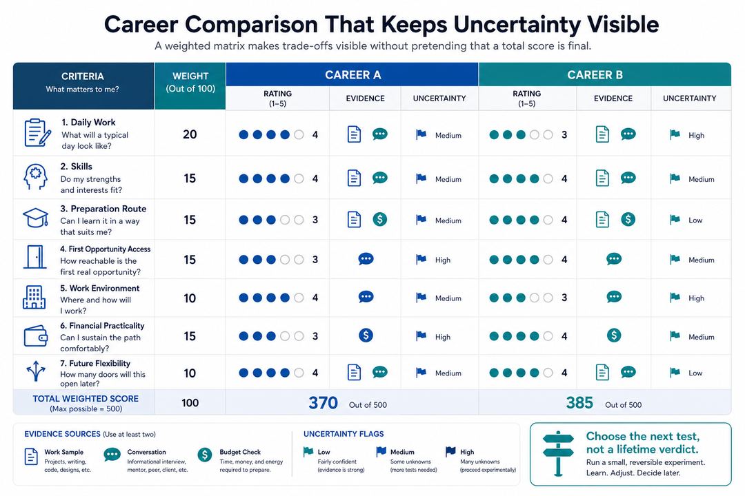 A two-career decision matrix showing weighted criteria, evidence sources, ratings, uncertainty markers, and a provisional next step.