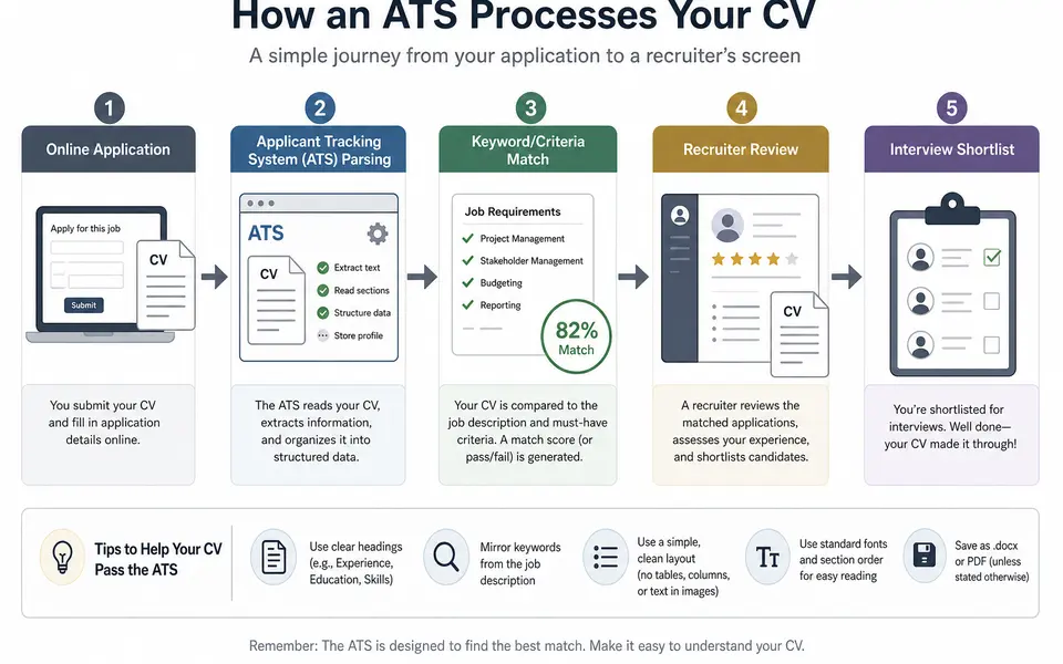Flow diagram showing a CV going from online application into an applicant tracking system and then to a recruiter.