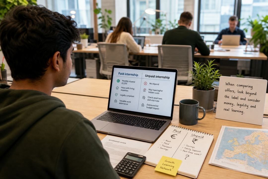 Indian student in a modern European office comparing two internship offers on a laptop, with notes labelled paid and unpaid on the desk.