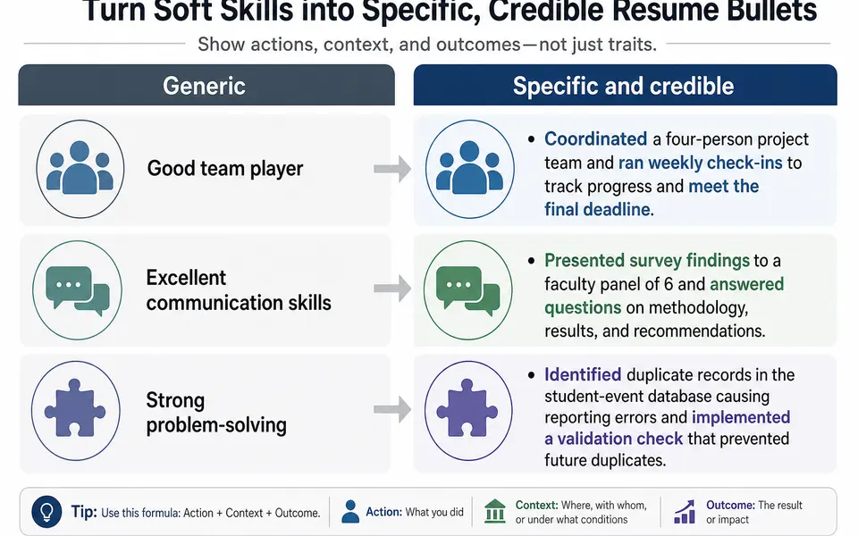 Infographic contrasting generic soft-skill claims with specific, action-based resume bullets.