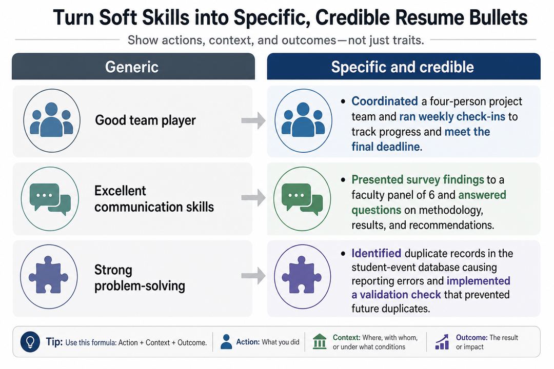 Infographic contrasting generic soft-skill claims with specific, action-based resume bullets.