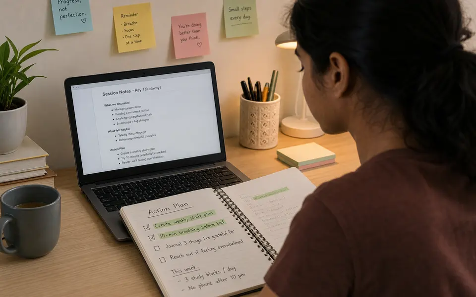 A young professional reviewing notes and working on a laptop, with a notebook open to an action plan after a counselling session.