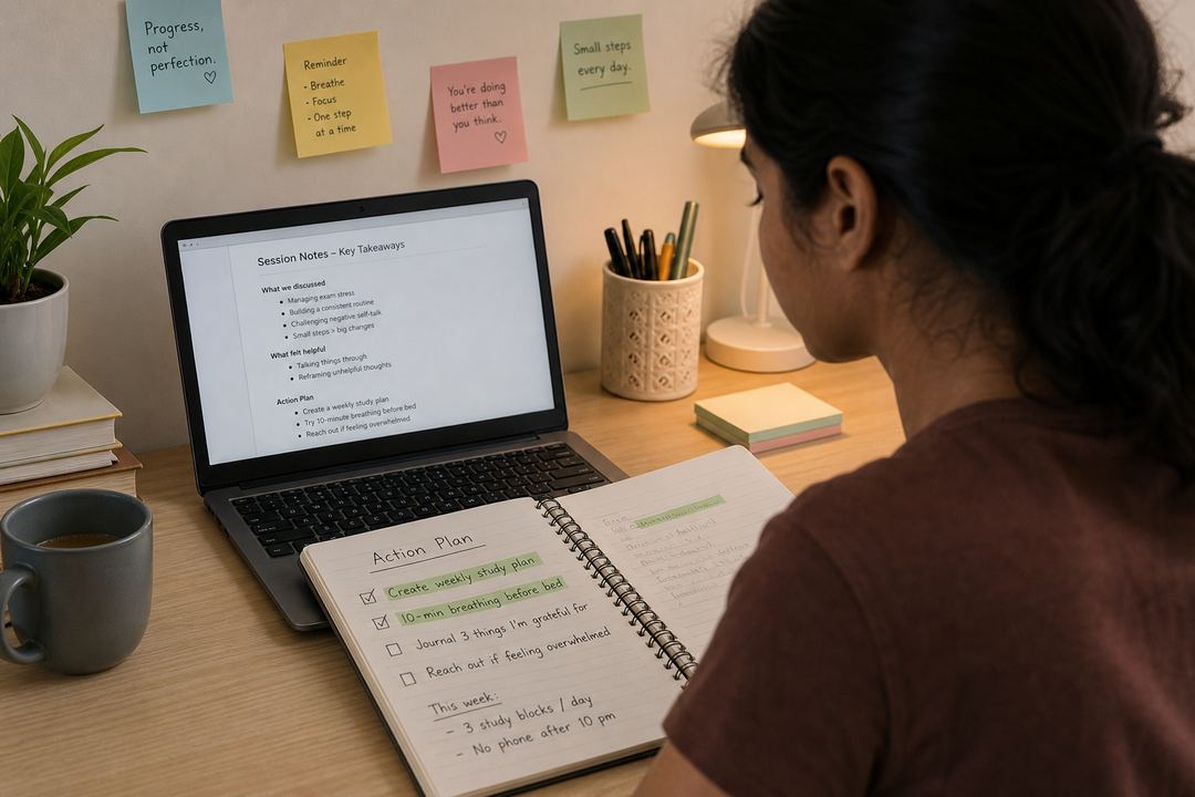 A young professional reviewing notes and working on a laptop, with a notebook open to an action plan after a counselling session.