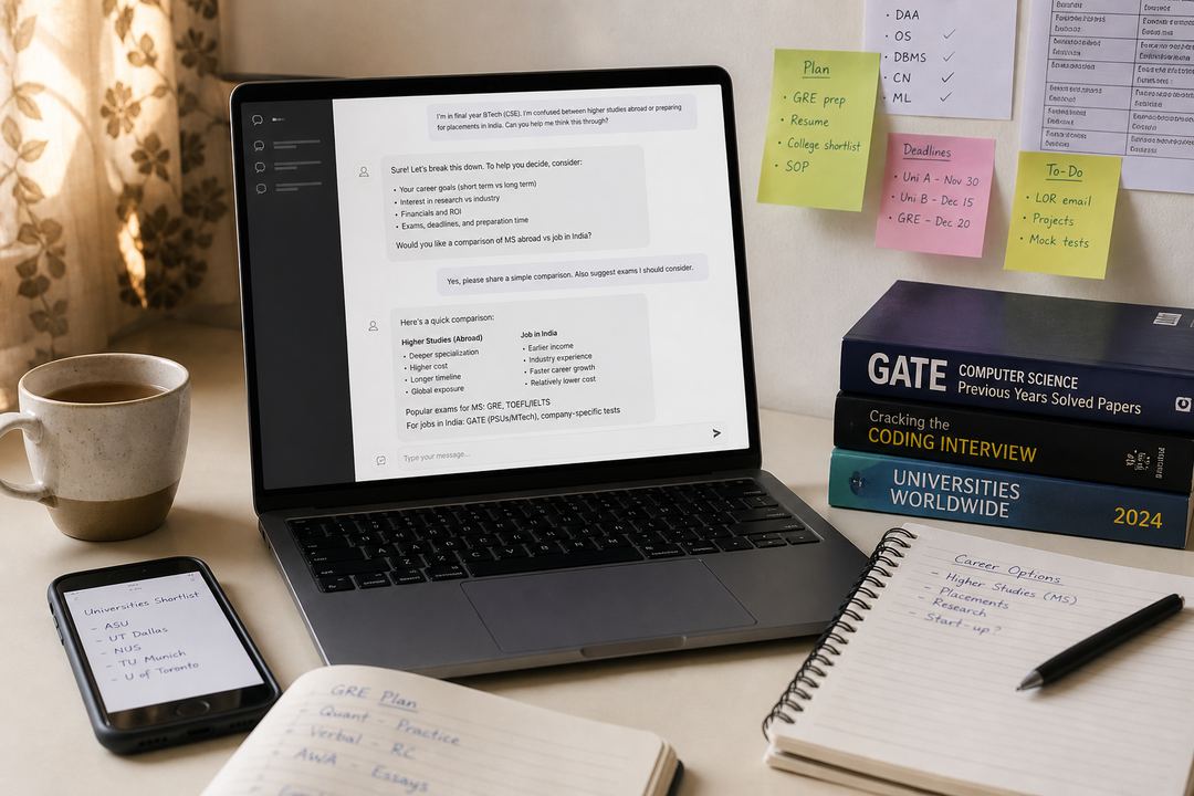 Student in India using a laptop to chat with an AI assistant about career options and study plans.